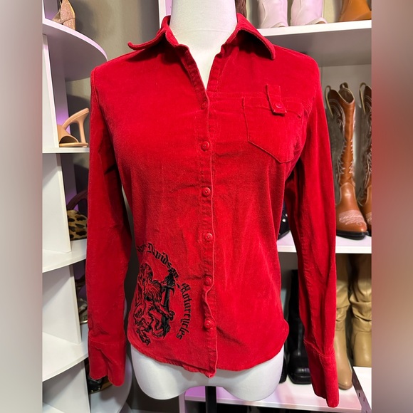 Harley Davidson live to ride collared red long sleeve button down top - Picture 1 of 9
